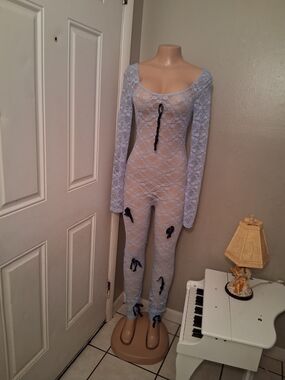 Sheer Lace Long-Sleeve Bodysuit with Bow Accents - Light Blue